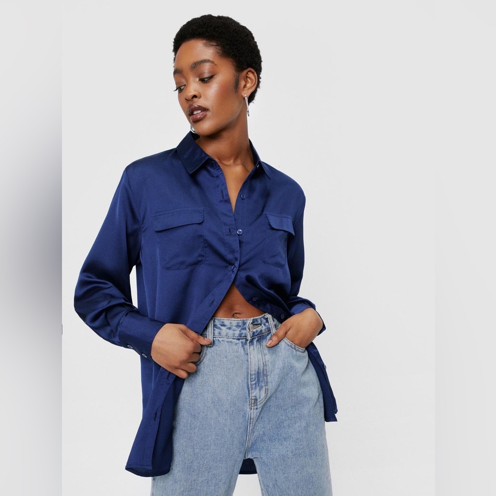 Women’s Like New Nasty Gal Long Blue Silky Button Down Satin Top
